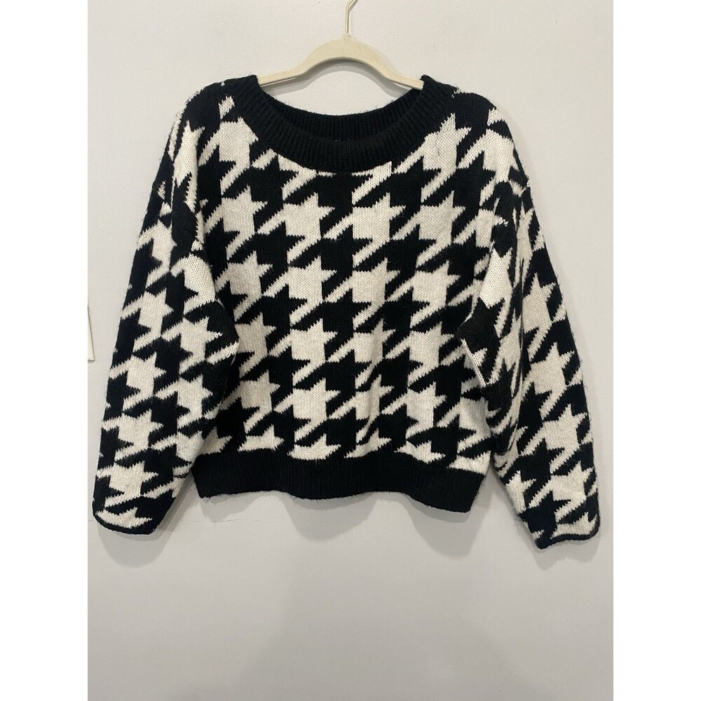 Express Women's Fuzzy Houndstooth Cropped Sweater Size L Black White Cozy Preppy